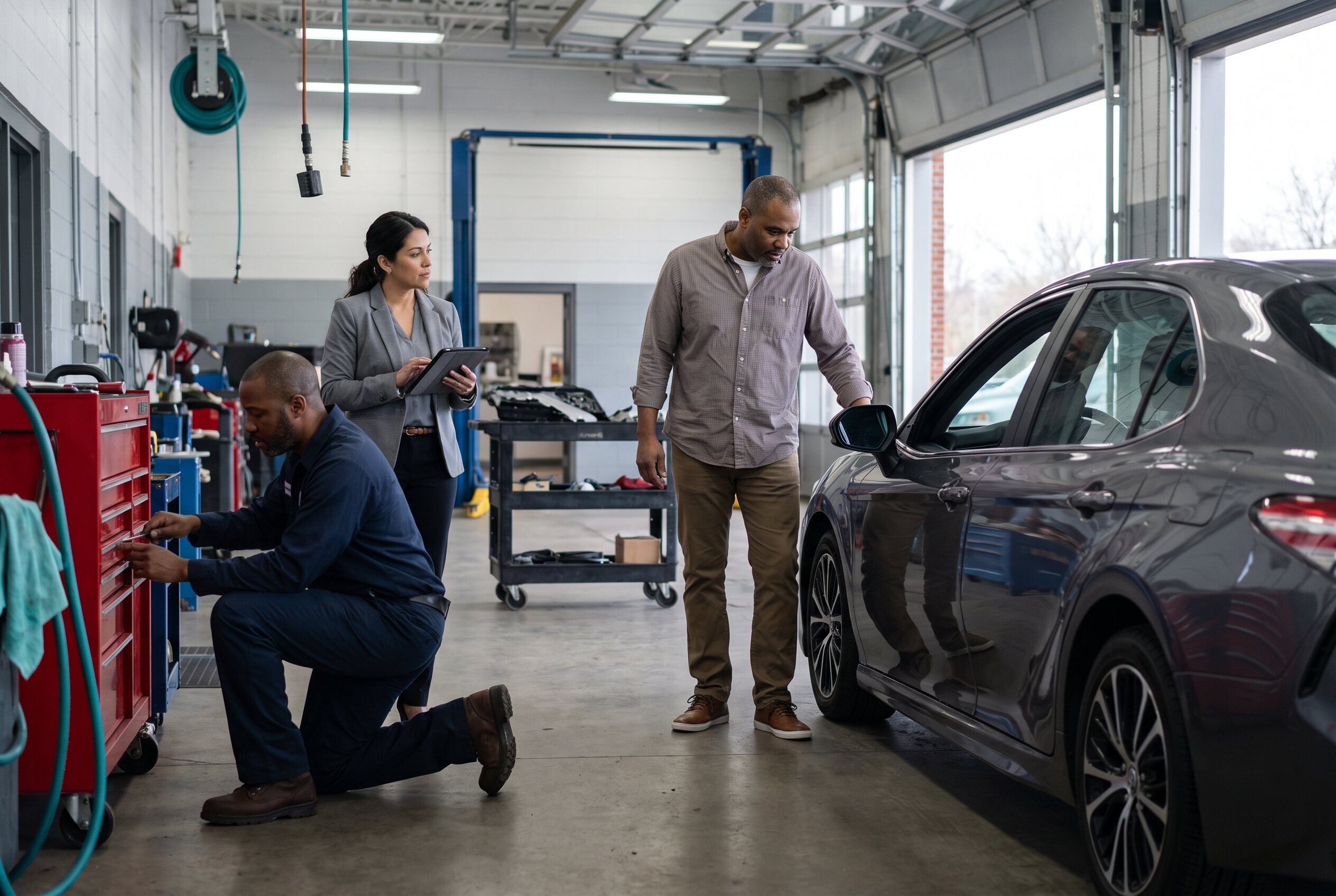 Vehicle owner and automotive team reviewing a repaired car inside a modern shop